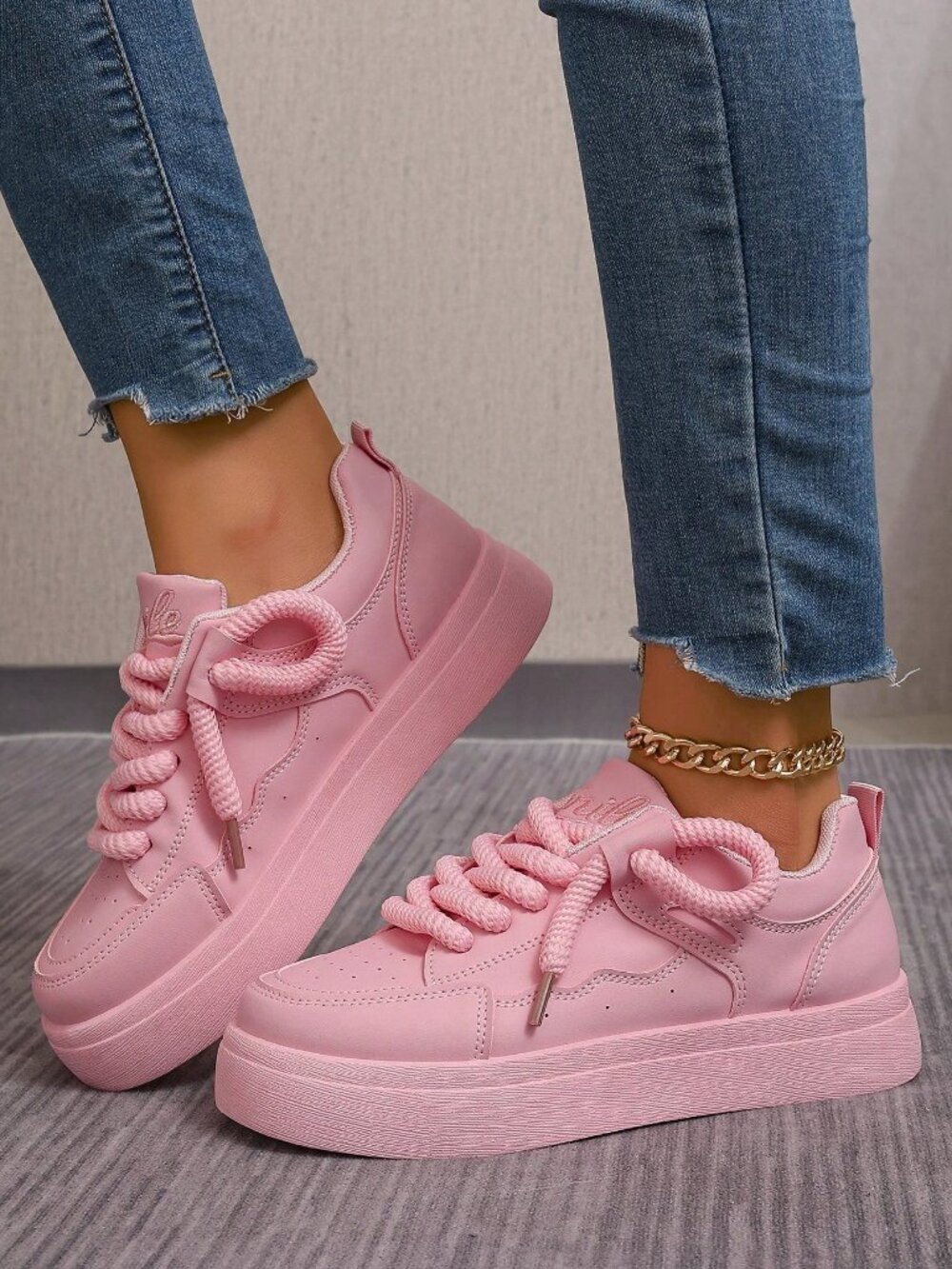 Pink Casual Women's Comfortable Lace-Up Sneakers - Picture 3 of 5